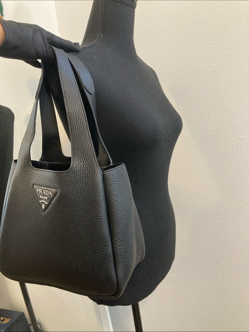Prada Black Pebbled Leather Tote with Silver Logo